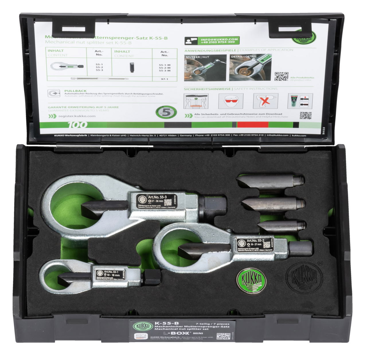 kukko k-55-b mechanical nut splitting replacement 55-1/-2/-3 with replacement dies in l-boxx mini for splitting seized, rusted, or over-tightened nuts of quality class 6