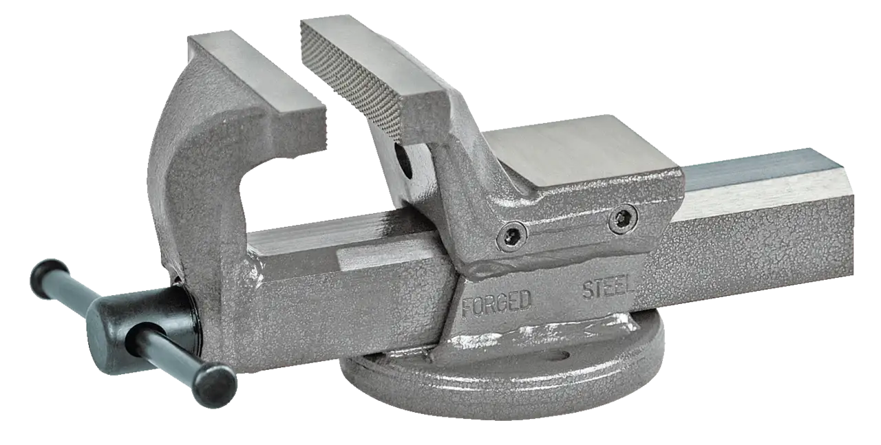 Forged steel bench vise with textured jaws and rotating base for industrial use