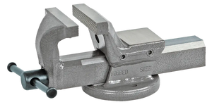 Forged steel bench vise with textured jaws and rotating base for industrial use