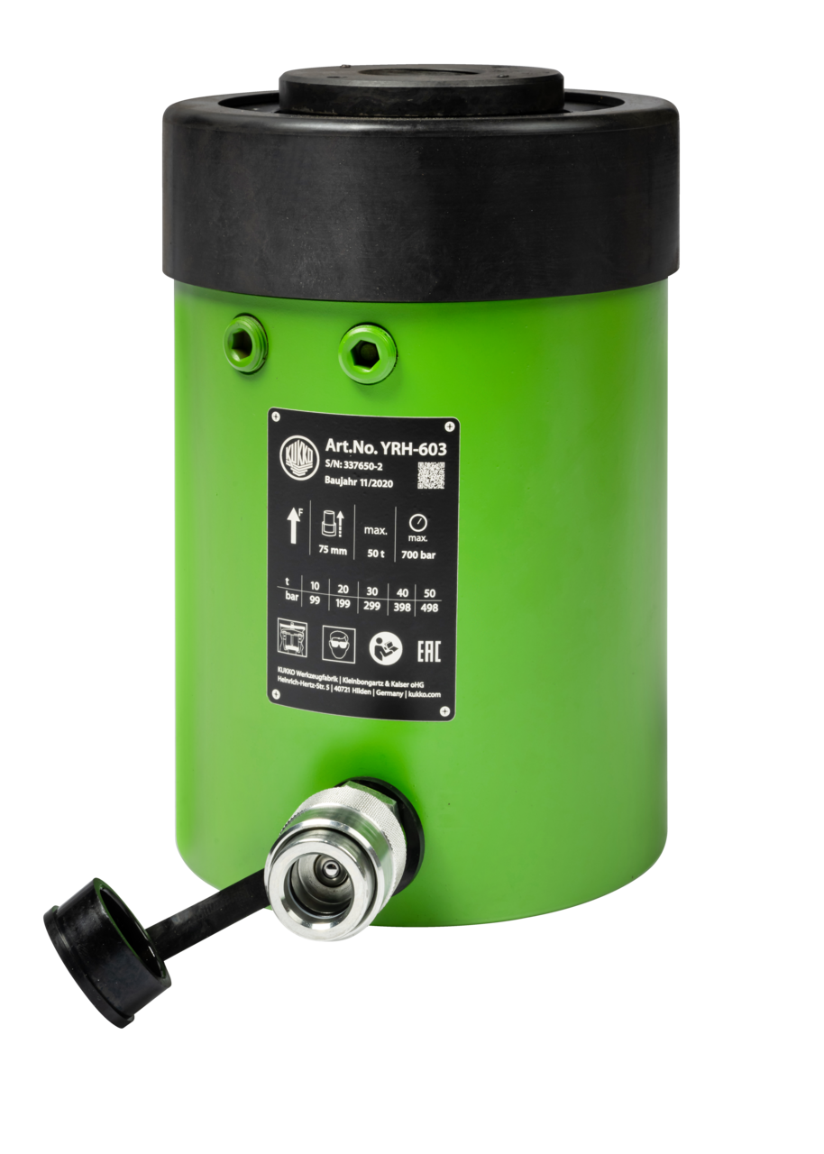kukko yrh-603 hydraulic hollow piston cylinder with max. {8600} t tension force for application with the kukko hydraulic program in crafts, industry, and workshops