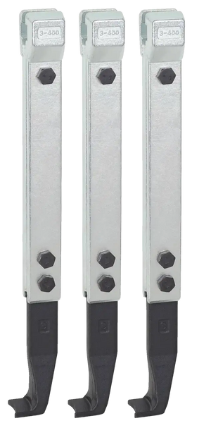 Set of three industrial metal cutting tool holders with bolts and black clamp ends
