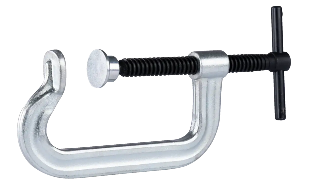 Heavy-duty metal C-clamp tool with screw handle for woodworking and metalworking