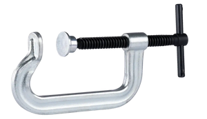 Heavy-duty metal C-clamp tool with screw handle for woodworking and metalworking
