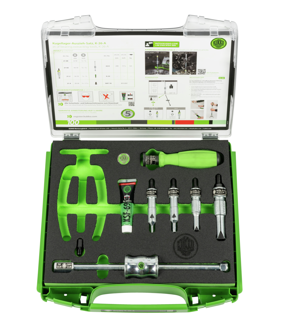 kukko k-26-a ball bearing puller set with sliding hammer ø 6-30 mm for extracting internal bearings, bearing outer rings, and bushings in crafts, workshops, and industry