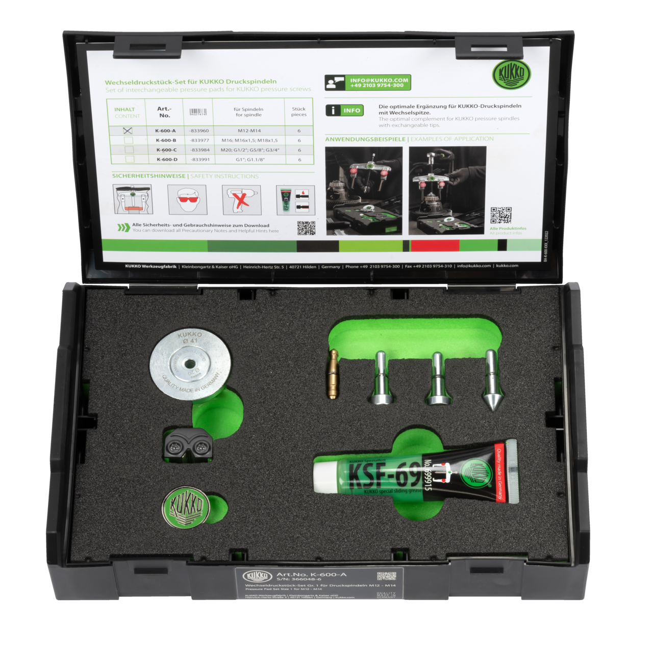 kukko k-600-d wechseldruckstück-set ø 20; 32; 41 mm (1" - g1 1/8") for kukko pressure spindles with interchangeable tips and can be used for any mounting position