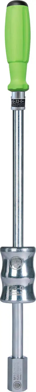 Metal slide hammer puller tool with green handle for automotive and industrial use
