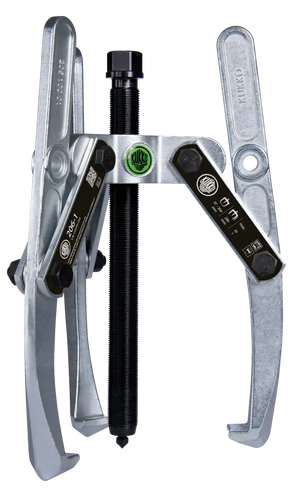 Heavy-duty two-jaw gear puller with adjustable arms and threaded central forcing screw.