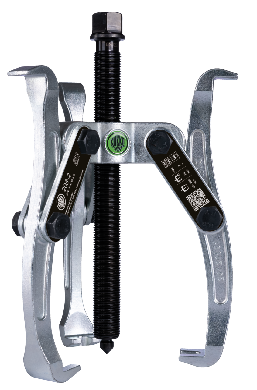 kukko 203-2 3-armed lug puller 280 x 130 mm with oscillating and reversible puller legs and combi traverse for centric pulling of bearings, gears, and disks in all common sizes for craft, workshop, and industry