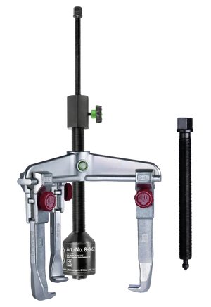 Industrial three-arm gear puller tool with adjustable arms and interchangeable spindle