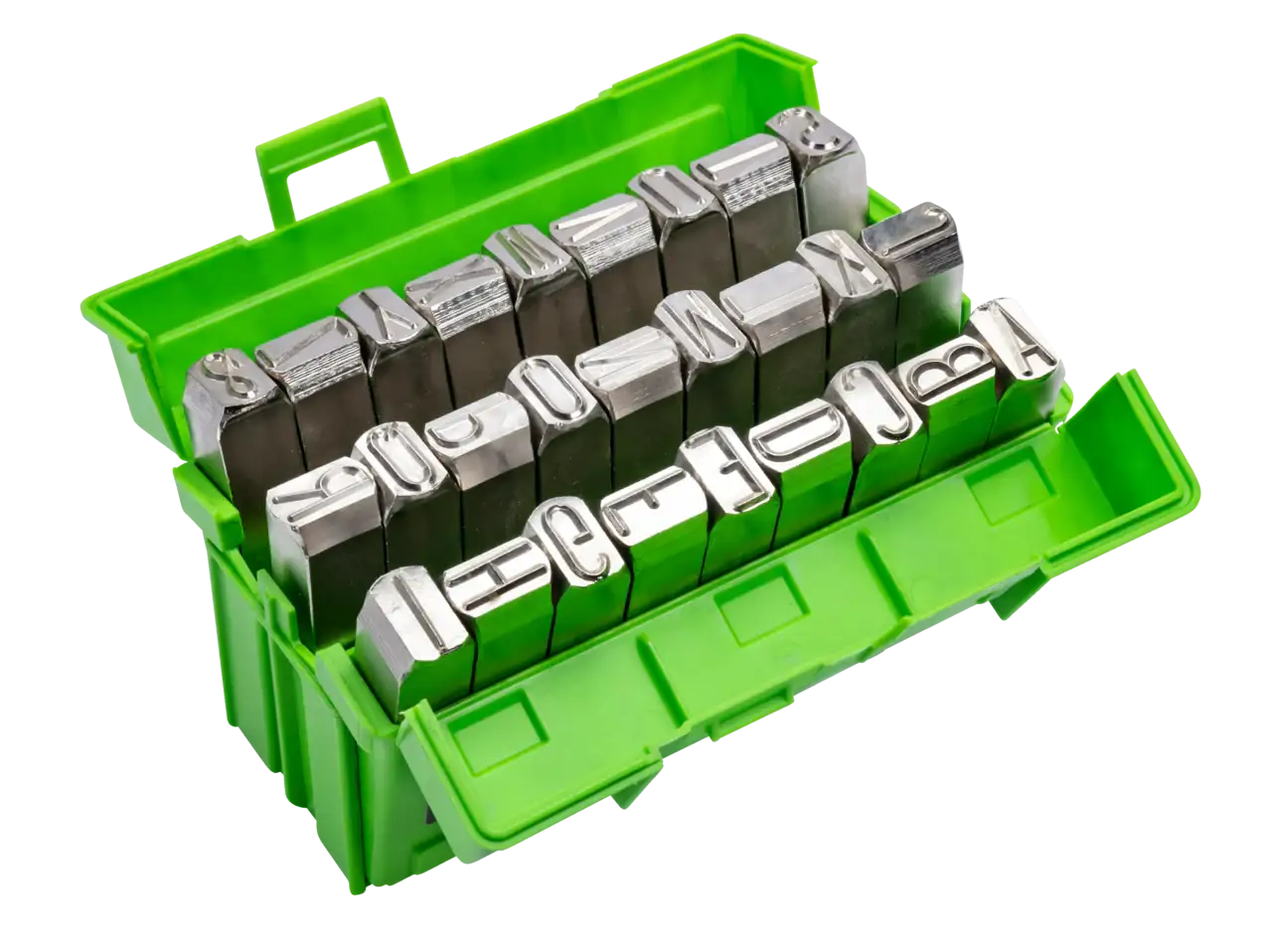 Metal letter and number stamps set in a green plastic case for industrial marking