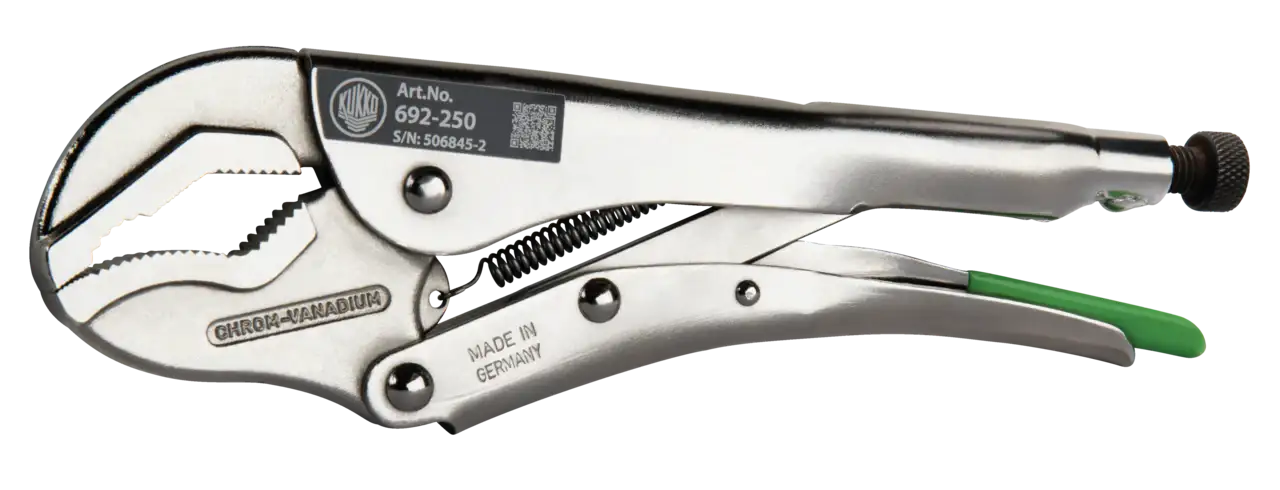 Chrome vanadium locking pliers with adjustable grip, serrated jaws, and green handle tip