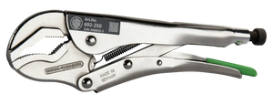 Chrome vanadium locking pliers with adjustable grip, serrated jaws, and green handle tip