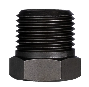 Close-up of a black hex threaded pipe fitting for industrial power transmission