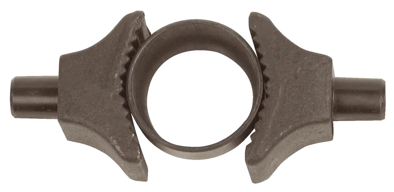 Metal industrial gear component with two extensions, used in power transmission equipment