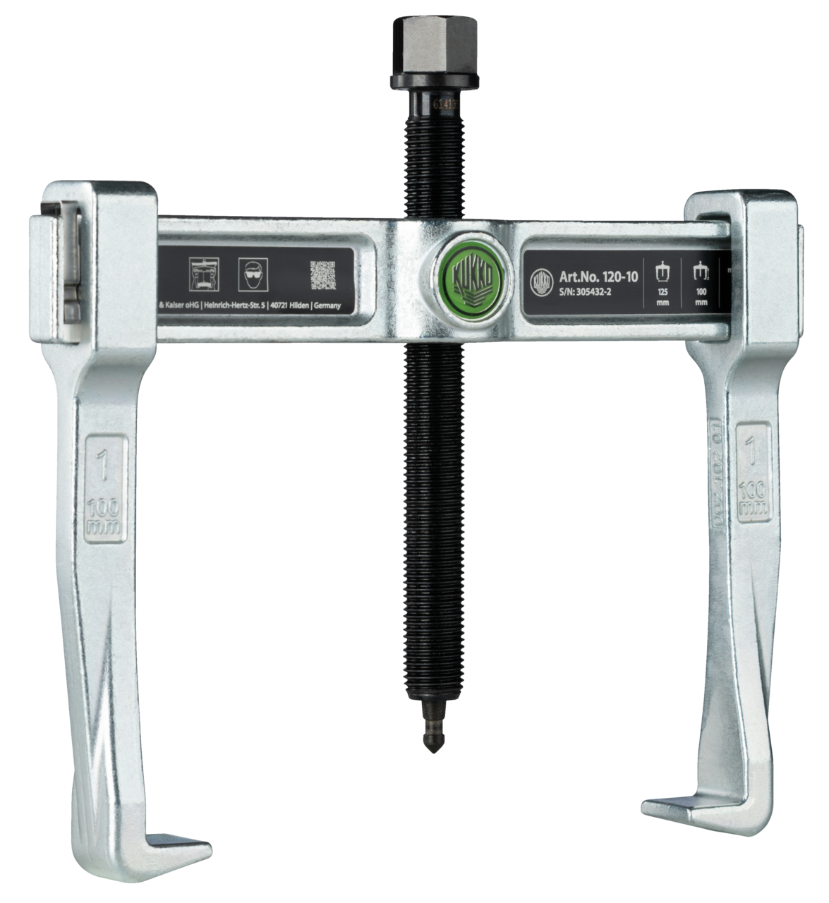 kukko 120-10 2-arm universal puller "vario" with spring-loaded end safety device, up to {clamping width external puller (max.) [mm]} clamping width and {clamping depth external puller [mm]} clamping depth for crafts, workshops, and industry