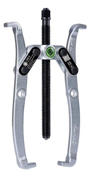 Two-jaw gear puller tool with silver arms and black threaded center bolt, isolated on white