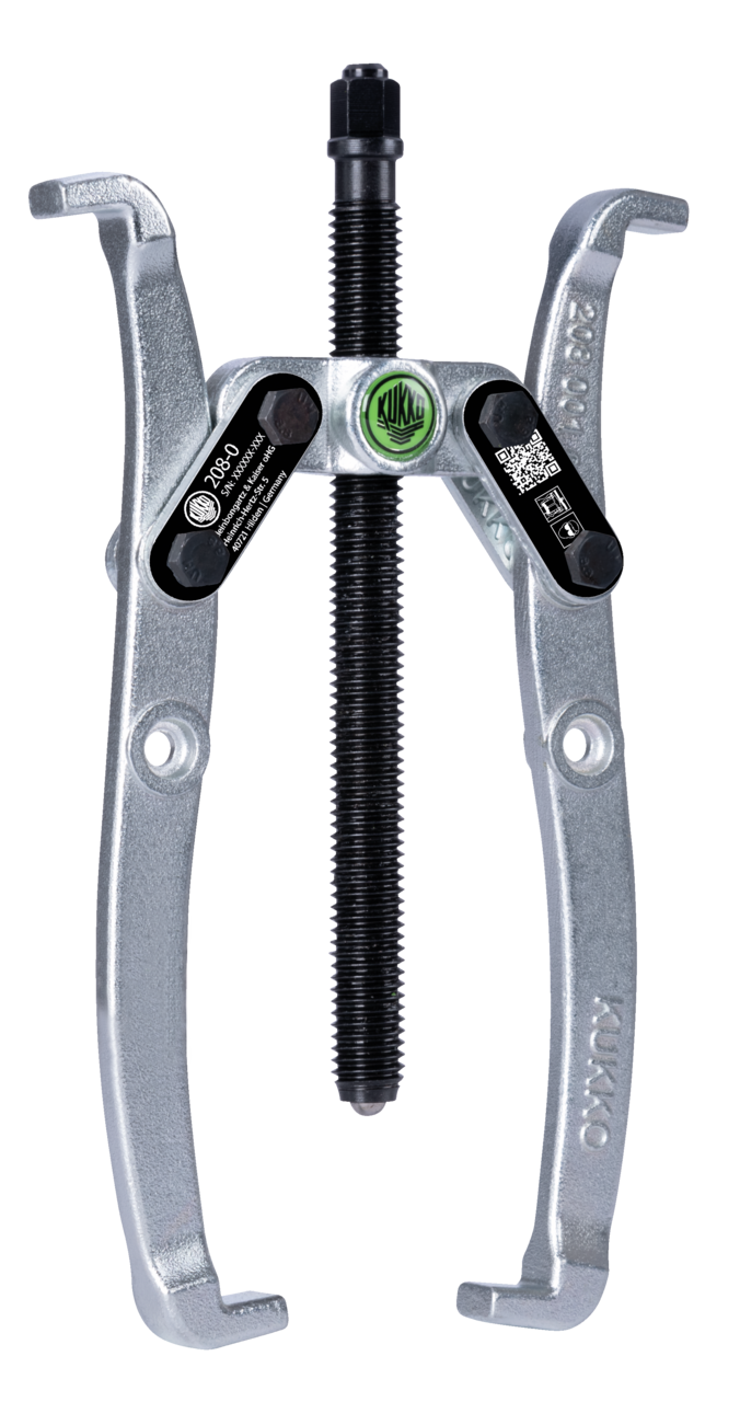 kukko 208-0 2-jaw puller with oscillating, reversible jaws, adjustable reach, up to 100 mm spread, 50 mm reach for centric pulling of bearings, gears, and discs in all common sizes for crafts, workshops, and industr