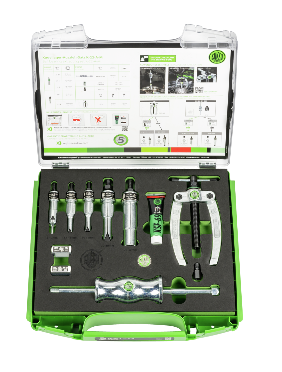 kukko k-22-a-m ball bearing puller set with counter stay, sliding hammer ø 8-40 mm for pulling out internal bearings, outer bearing rings, and bushings in trades, workshops, and industry