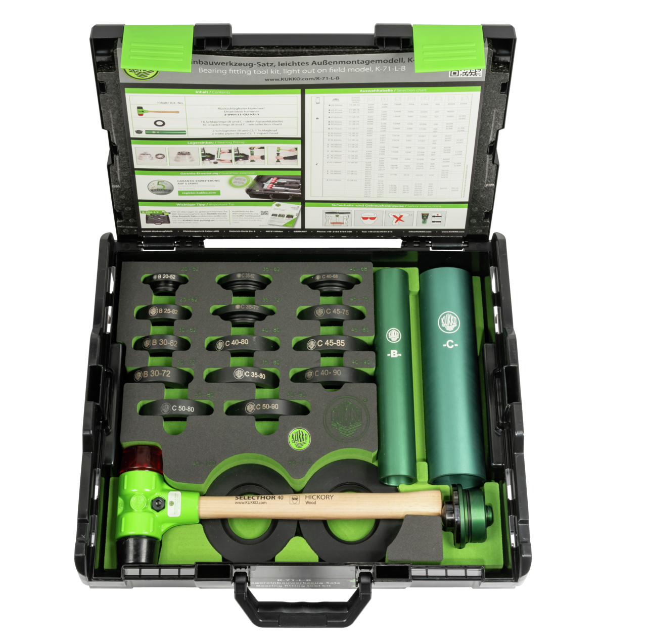 kukko k-71-l-b ball bearing installation kits - lightweight job site model for medium to large bearings for quick, precise, and safe installation of bearings and seals in crafts, industry, and workshops