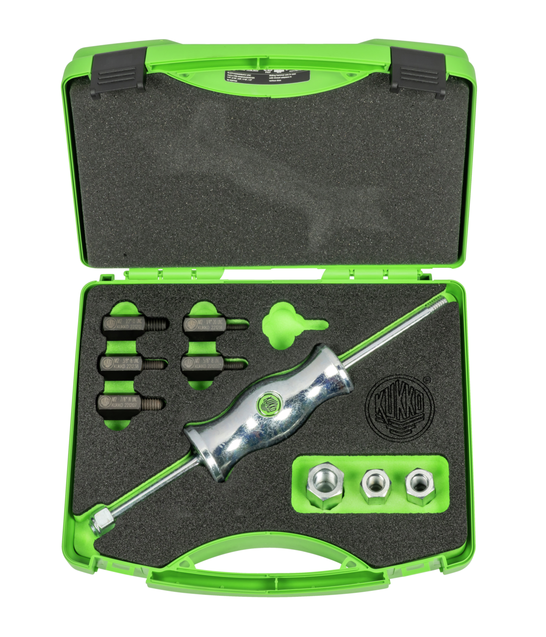 kukko ks-22-01-unc slide hammer sets in a case with thread adapters in various sizes for pulling sockets and components with threads (dowel pins, keyways, bolts, etc