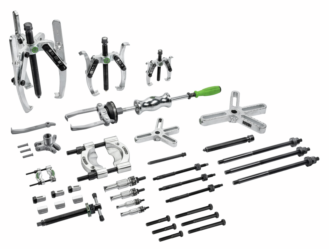 kukko 224-675 puller set with sliding hammer, up to 400 mm spread, 280 mm reach, 38-piece for concentric pulling, internal pulling, and separating bearings, gears, and discs in all common sizes