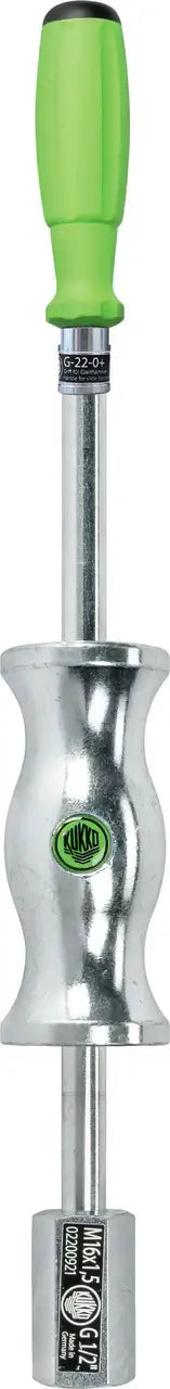 Metal slide hammer puller tool with green handle for automotive and industrial use