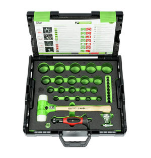 Professional bearing installation tool kit with case, mallet, adapters, and accessories