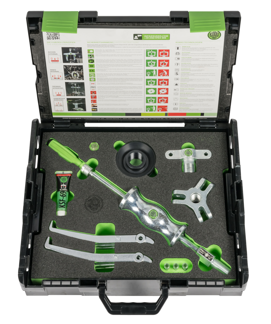 kukko k-220 universal puller with slide hammer in box, up to 150 mm span for external extraction, but also for internal extraction and for removing parts with threaded holes