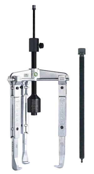 Heavy-duty gear puller with adjustable arms and replacement spindle for bearing removal