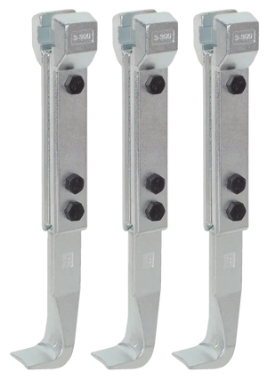 Three heavy-duty metal beam clamps with bolts, industrial hardware for pipe or rod support