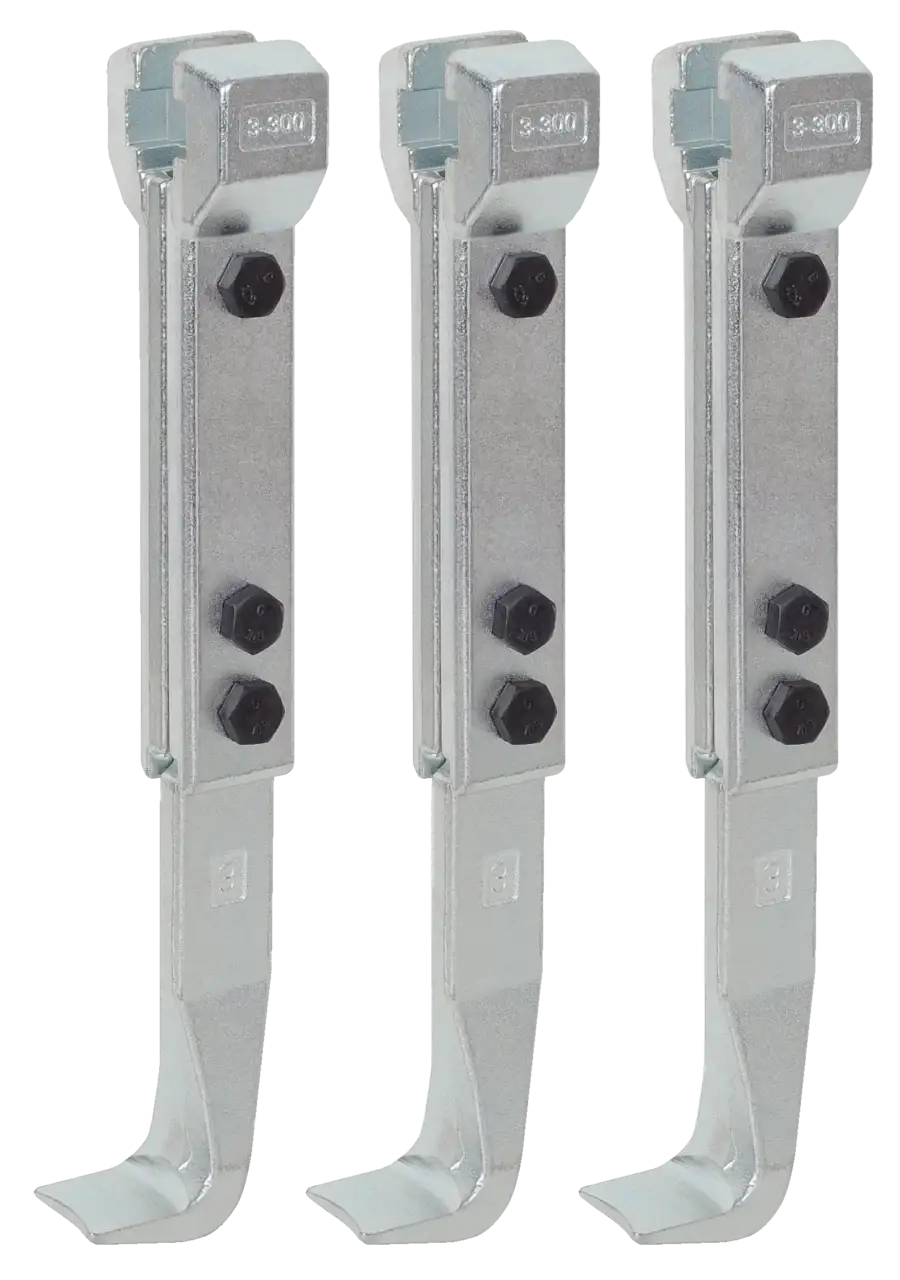 Three heavy-duty metal beam clamps with bolts, industrial hardware for pipe or rod support