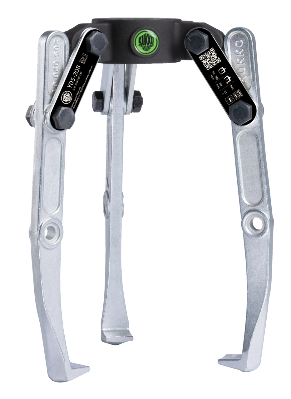 kukko y05-208 3-jaw puller with swiveling extraction jaws, up to 250 mm spread, 215 mm reach depth (without hydraulic pressure cylinder) for pulling particularly large and tight-fitting bearings, gears, discs, etc
