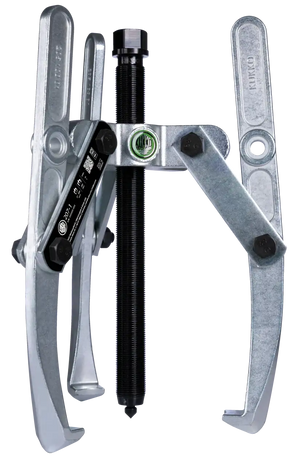 Three-jaw gear puller tool with steel arms and central threaded spindle for industrial use