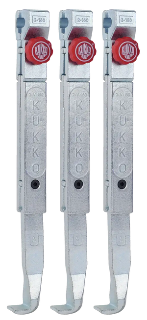 Three metal puller arms with red adjustment knobs, labeled KUKKO, for industrial tool use