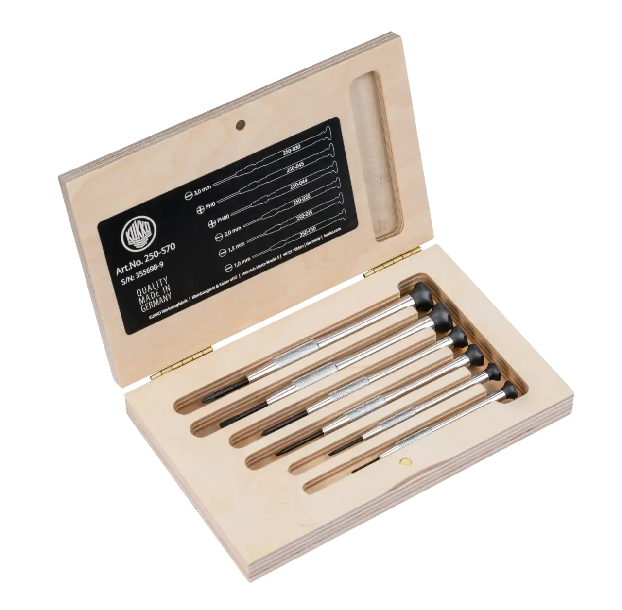 Precision screwdriver set in wooden case with six metal screwdrivers for shop tools