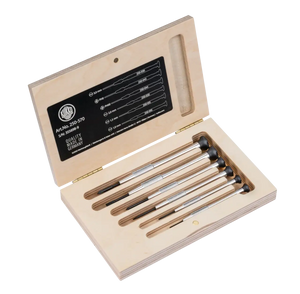 Precision screwdriver set in wooden case with six metal screwdrivers for shop tools