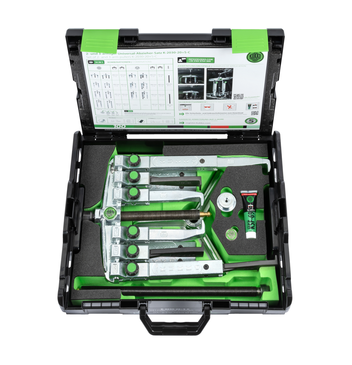 kukko k-2030-20xs 2- and 3-jaw universal puller set with two different types of puller jaws for universal applications in 2-jaw and 3-jaw pulling of gear wheels, bearings, pinions, and synchronize