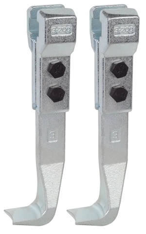Pair of heavy-duty metal beam clamps with bolts, industrial hardware fasteners