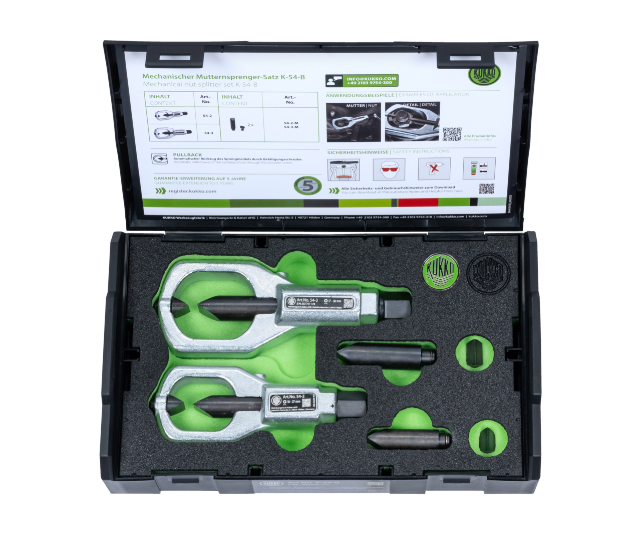 kukko k-54-b mother's spreader replacement 54-2+54-3 with replacement chisels in l-boxx mini for sizes 10-36 mm, two new splitter chisels, as well as two ring wrenches