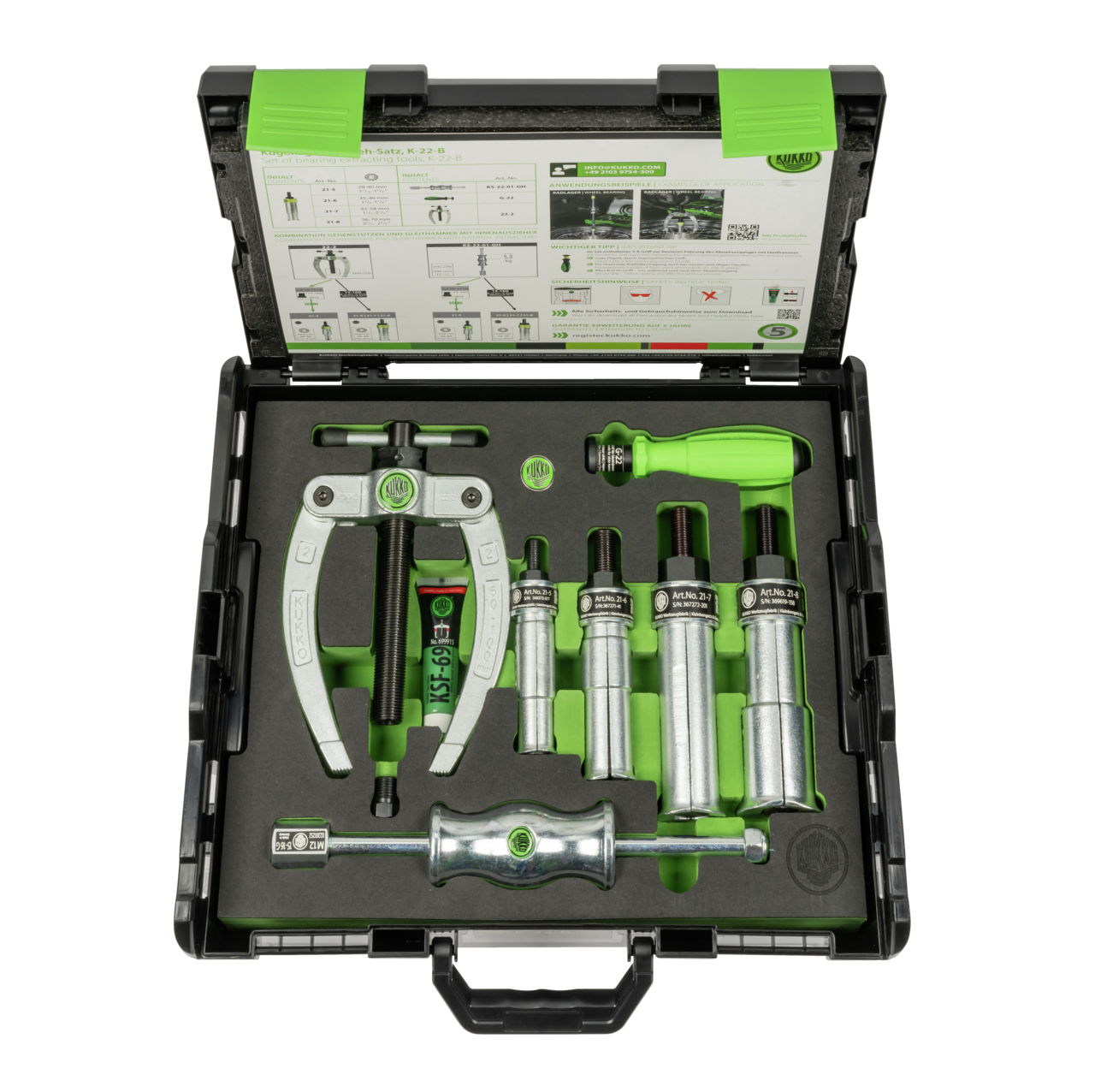kukko k-22-b ball bearing puller set ø 28-70 mm for pulling internal bearings, outer bearing rings, and bushings in crafts, workshops, and industry