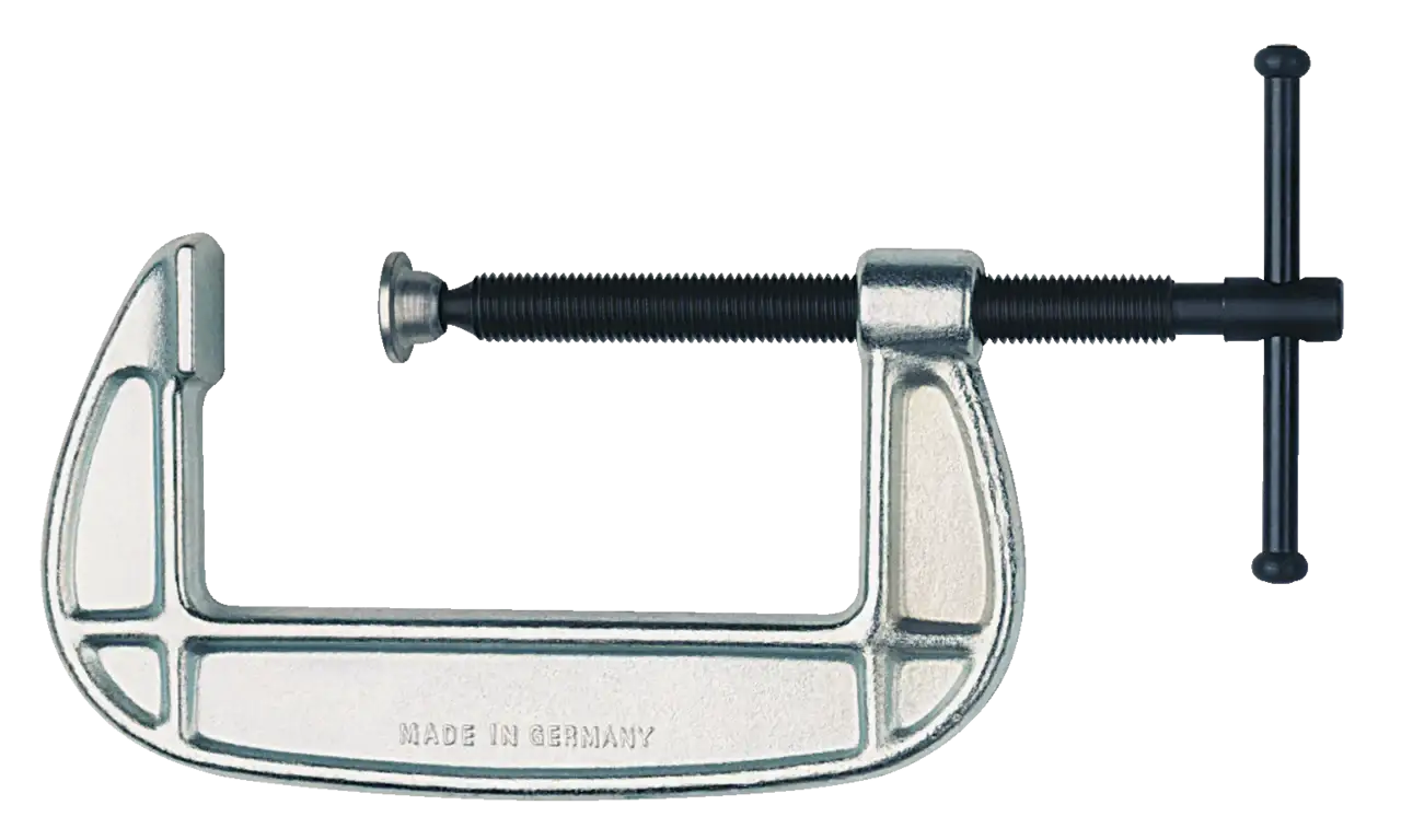Heavy-duty metal C-clamp with screw handle, industrial hand tool, Made in Germany