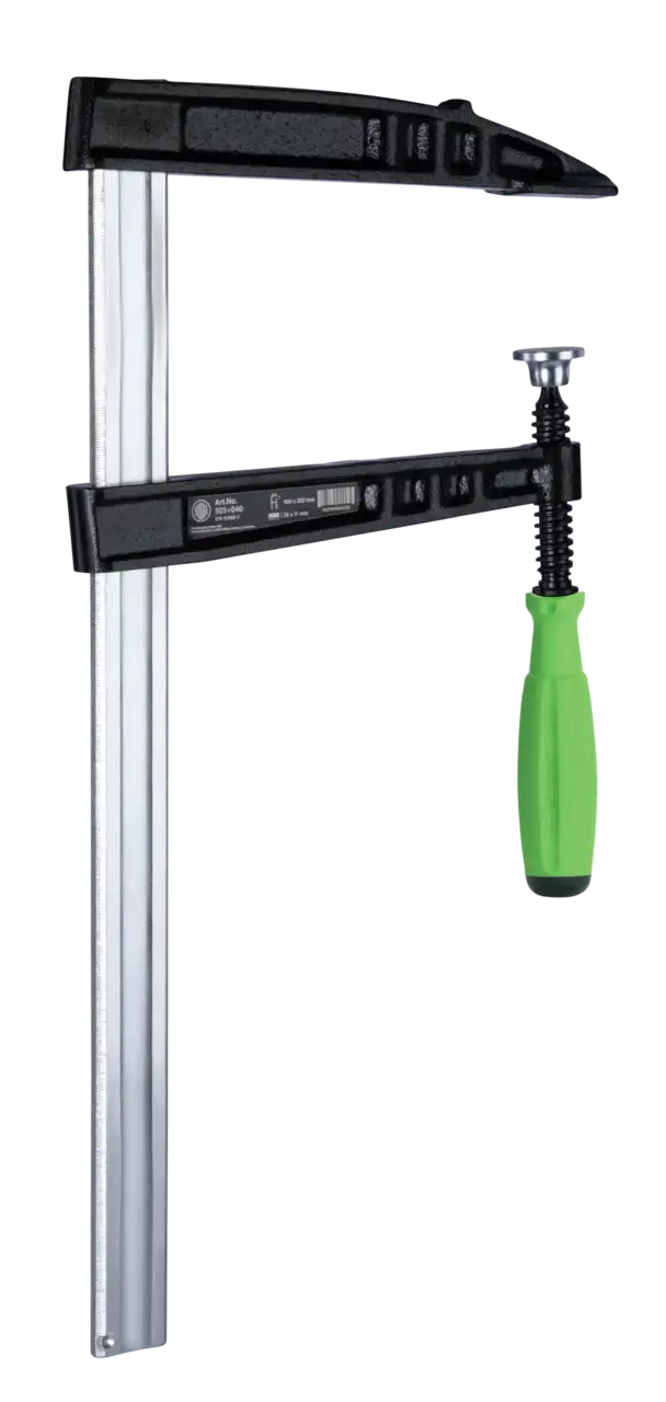 Heavy-duty F clamp with metal bar and green handle for woodworking or industrial use