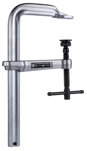 Heavy-duty metal F-clamp with adjustable screw handle for woodworking and industrial use