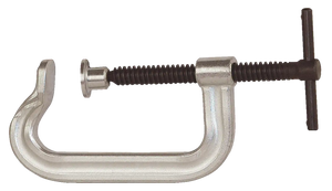 Heavy-duty metal C-clamp with threaded screw for woodworking and shop tool applications