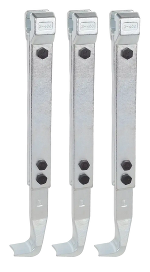 Three metal industrial support brackets with bolts, galvanized steel hardware