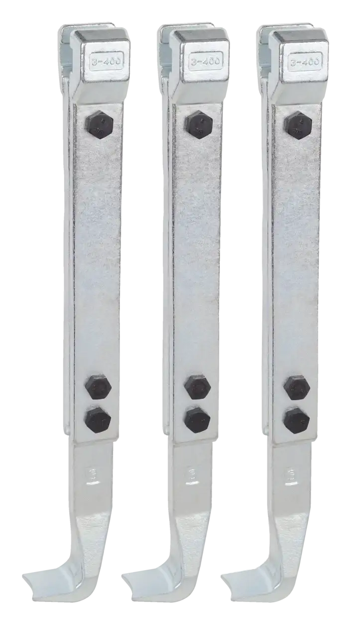 Three metal industrial support brackets with bolts, galvanized steel hardware