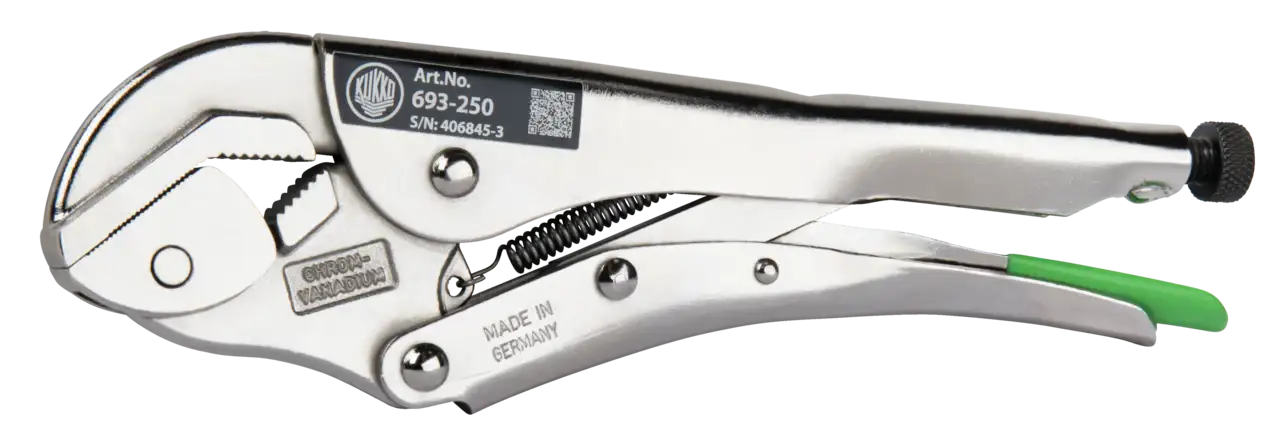Adjustable chrome vanadium locking pliers with serrated jaws and green grip handle