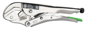 Adjustable chrome vanadium locking pliers with serrated jaws and green grip handle