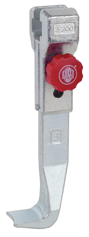 Metal gear puller arm with red adjustment knob and stamped markings, industrial tool