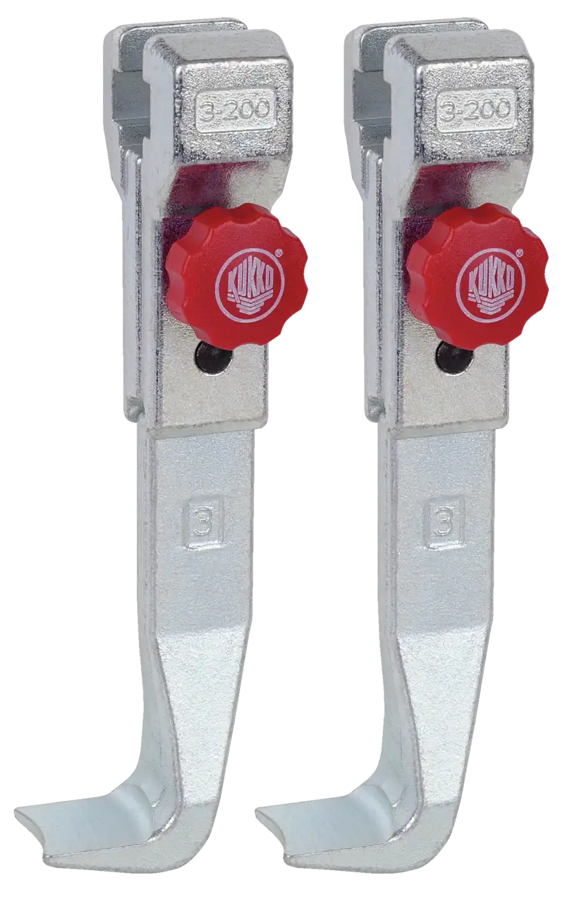 Metal puller arms with red adjustment knobs for industrial shop tool use